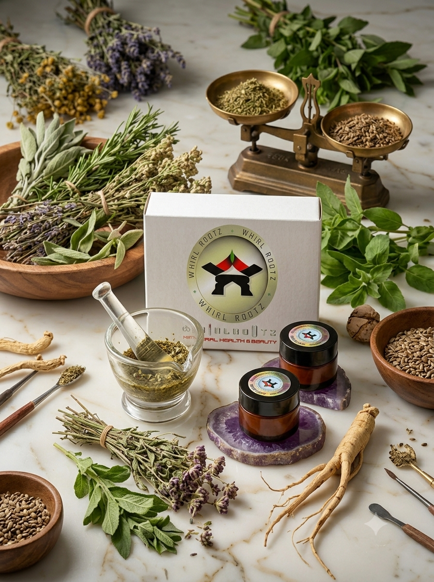Botanical ingredients arranged beside Atopic Balm for natural herbal care