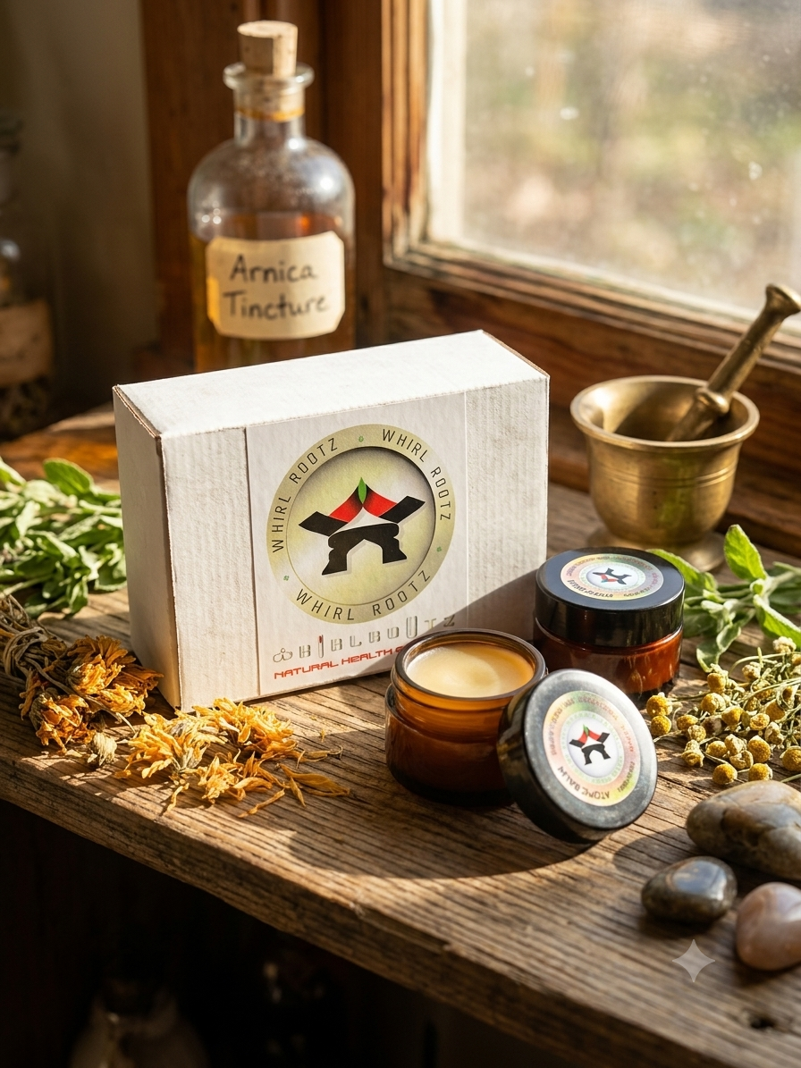 Close-up of Atopic Balm texture and herbal leaves for soothing topical care